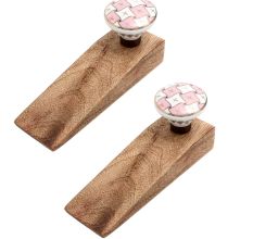 2 Pieces Pink & White Golden Checkerboard Ceramic Wooden Door Stopper